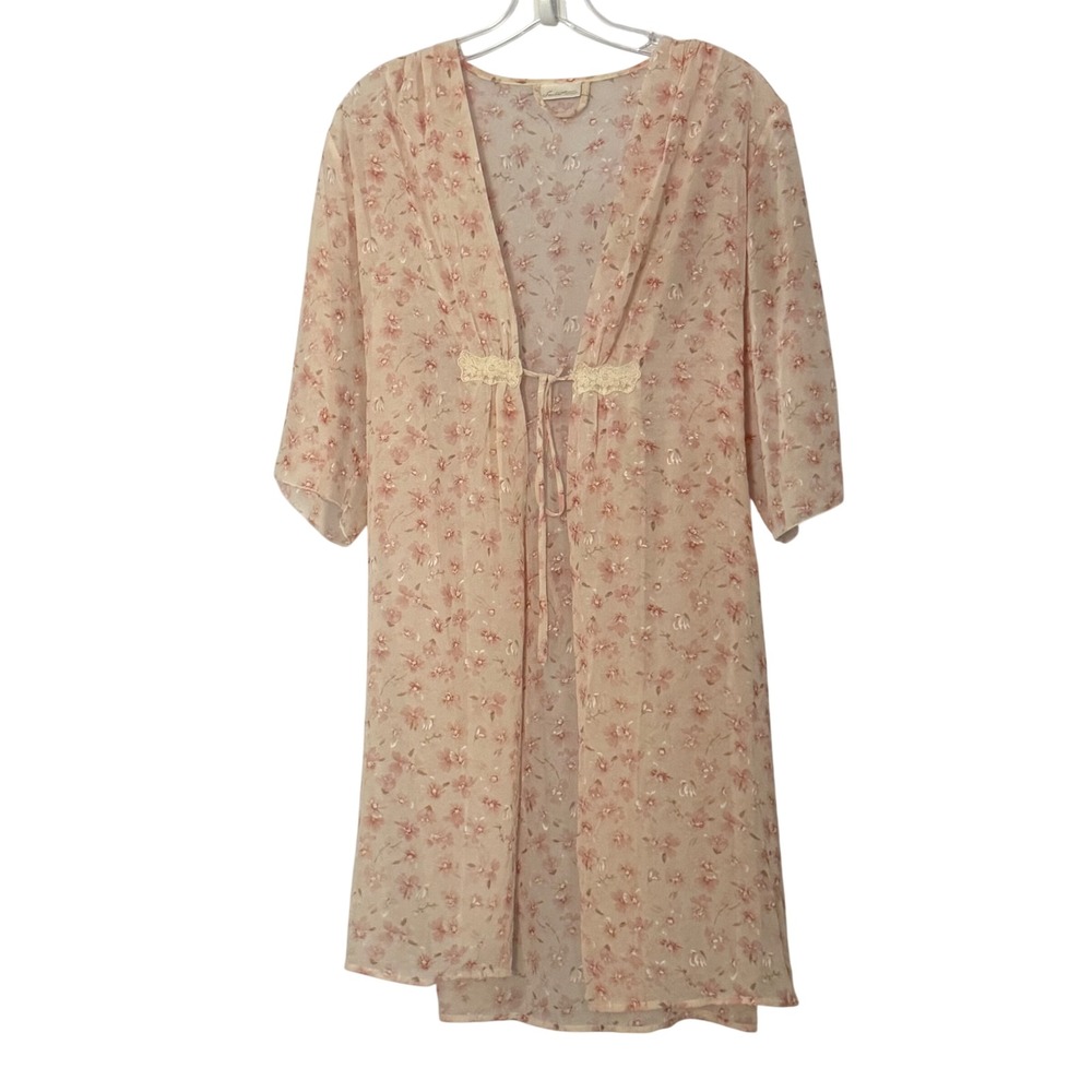 Vintage Secret Treasures Robe Sheer Floral Lace Tie Front Kimono Lingerie Dainty